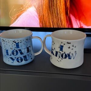 Anthropologie Blue Phrase Ceramic Mug Duo - "I Love You" & "I Know"